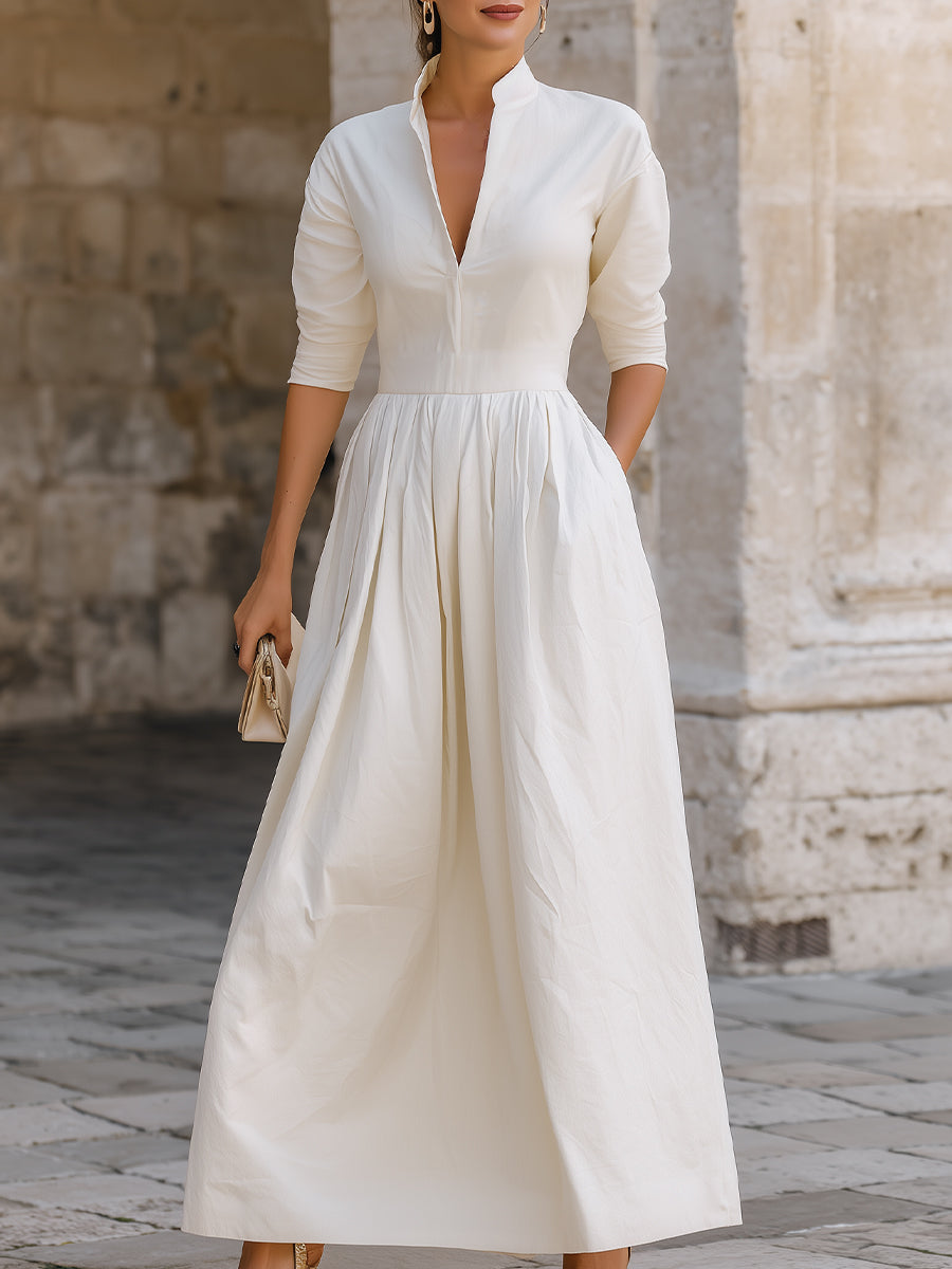 Mandarin Collar Pleated Maxi Dress
