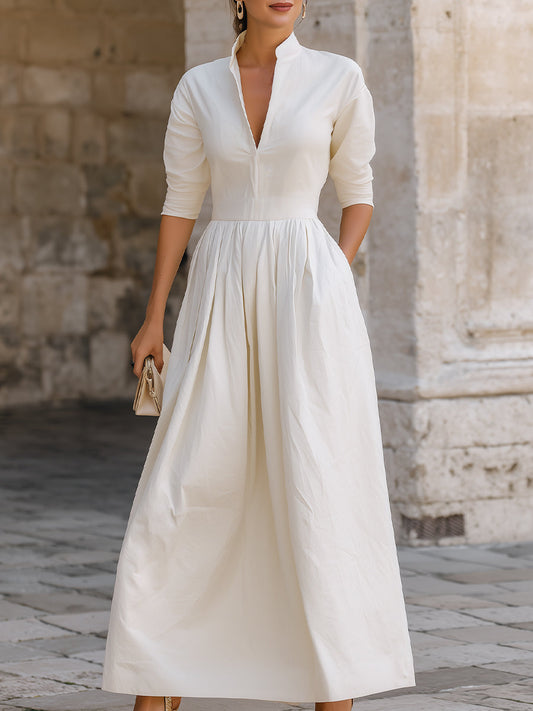 Mandarin Collar Pleated Maxi Dress