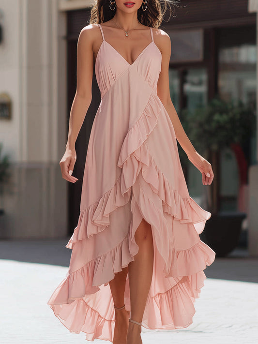 Asymmetrical Ruffle Chiffon Maxi Dress With Spaghetti Straps