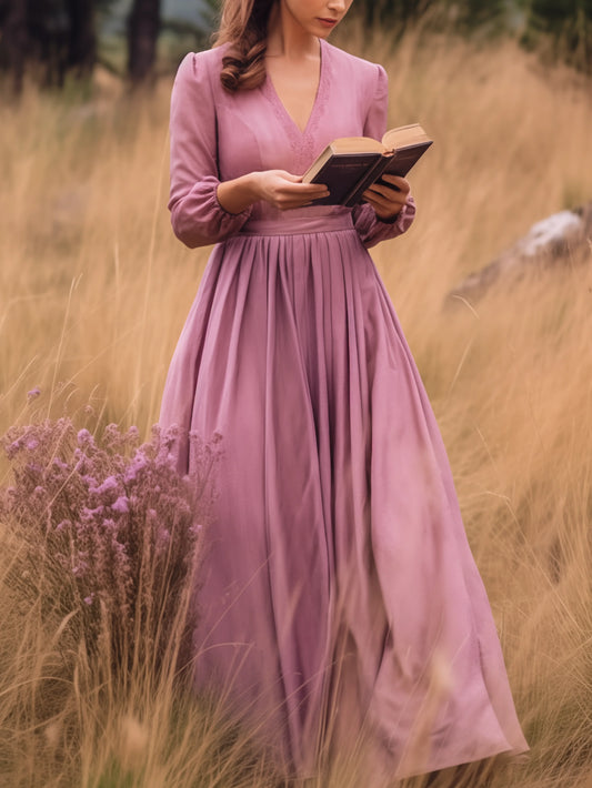 Maxi Linen Dress, Long Sleeves, Lace Collar, Linen Blend, Plain，Shirt Dress