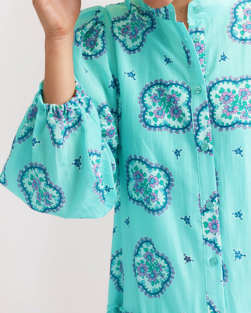 Cropped Sleeve Printed Loose Pleated Dress