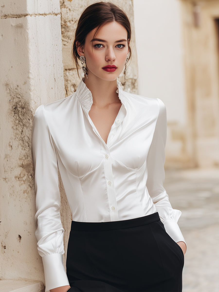 KSXTXX Satin Ruffled Collar Button-Down Shirt