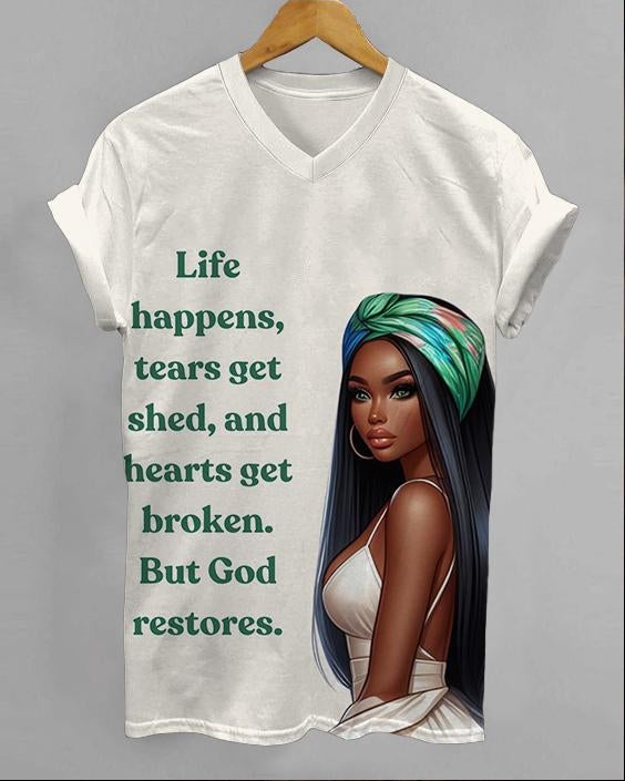 God Is Always There To Restore Us V-neck Short Sleeve Tshirt