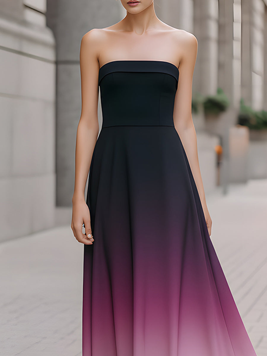 Black To Pink Ombre Strapless Maxi Gown