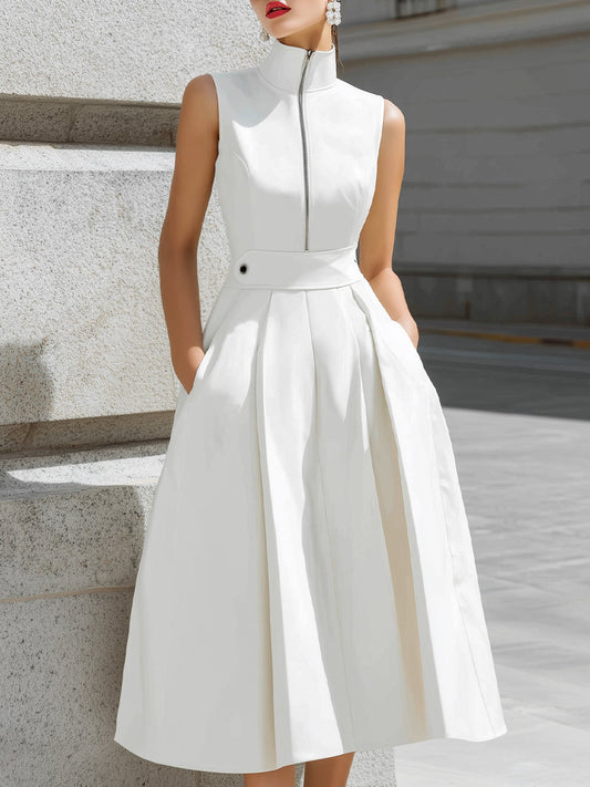 Sleeveless High-Neck Zip Front A-Line Midi Dress
