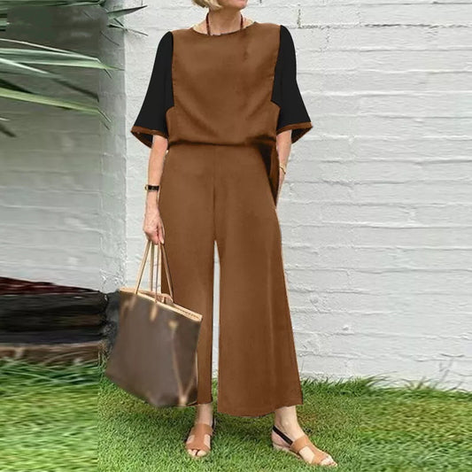 Women's Spring and Summer Two-Piece Set Stitching Loose Top Wide Leg Pants Casual Fashion Set