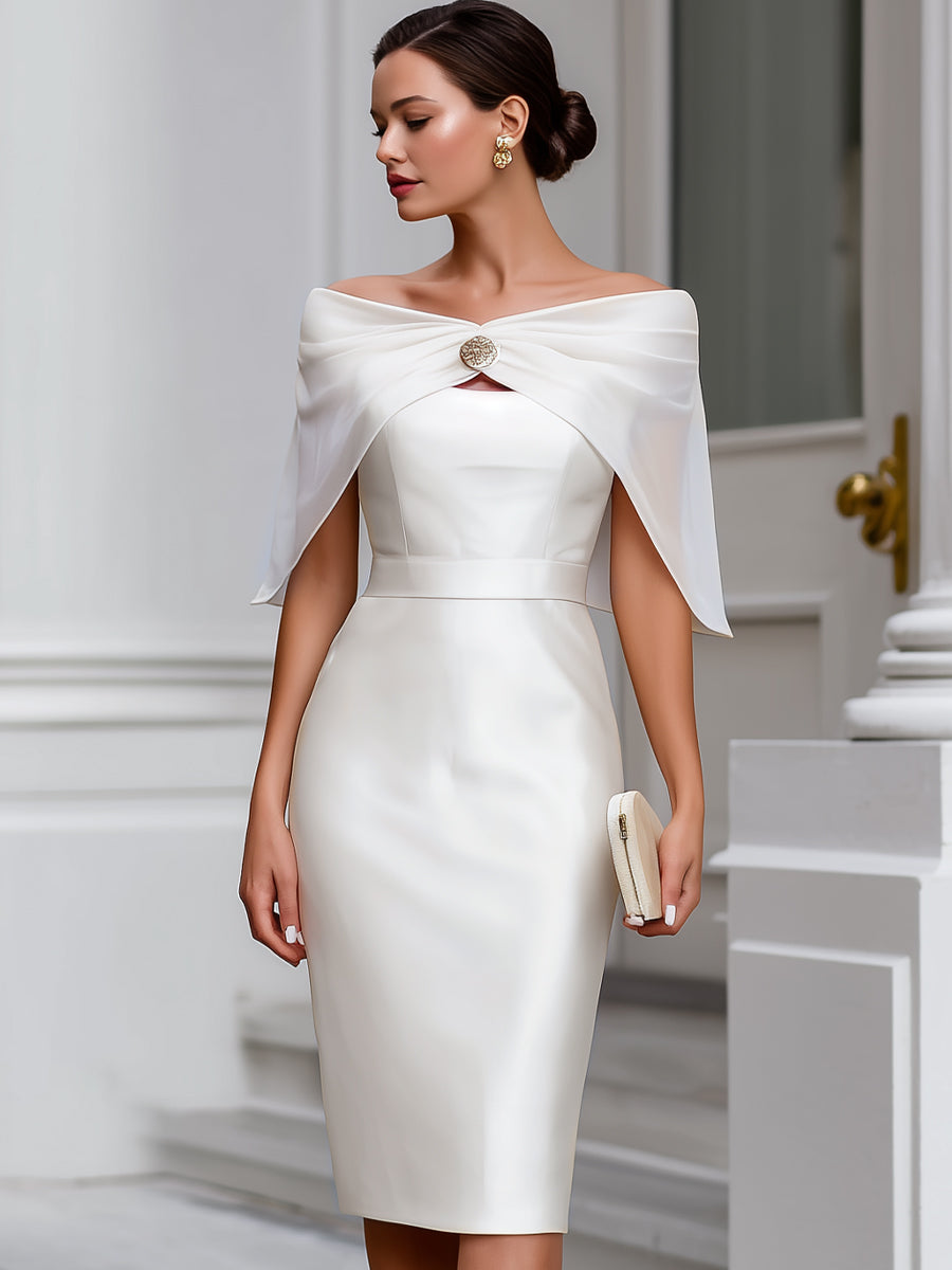 Off-Shoulder Draped Cape Satin Midi Dress