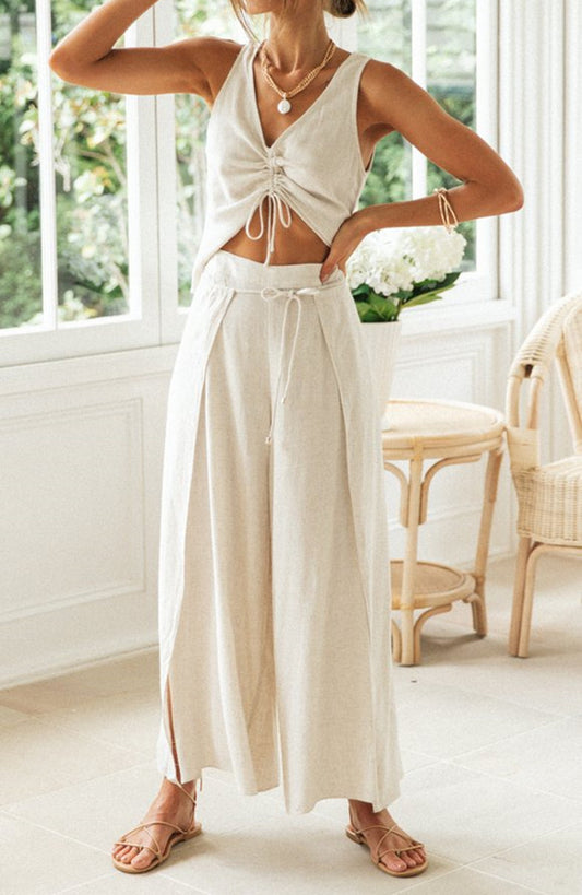 Solid Color Drawstring Short Sleeve Top Wide Leg Split Trousers Two-Piece Set