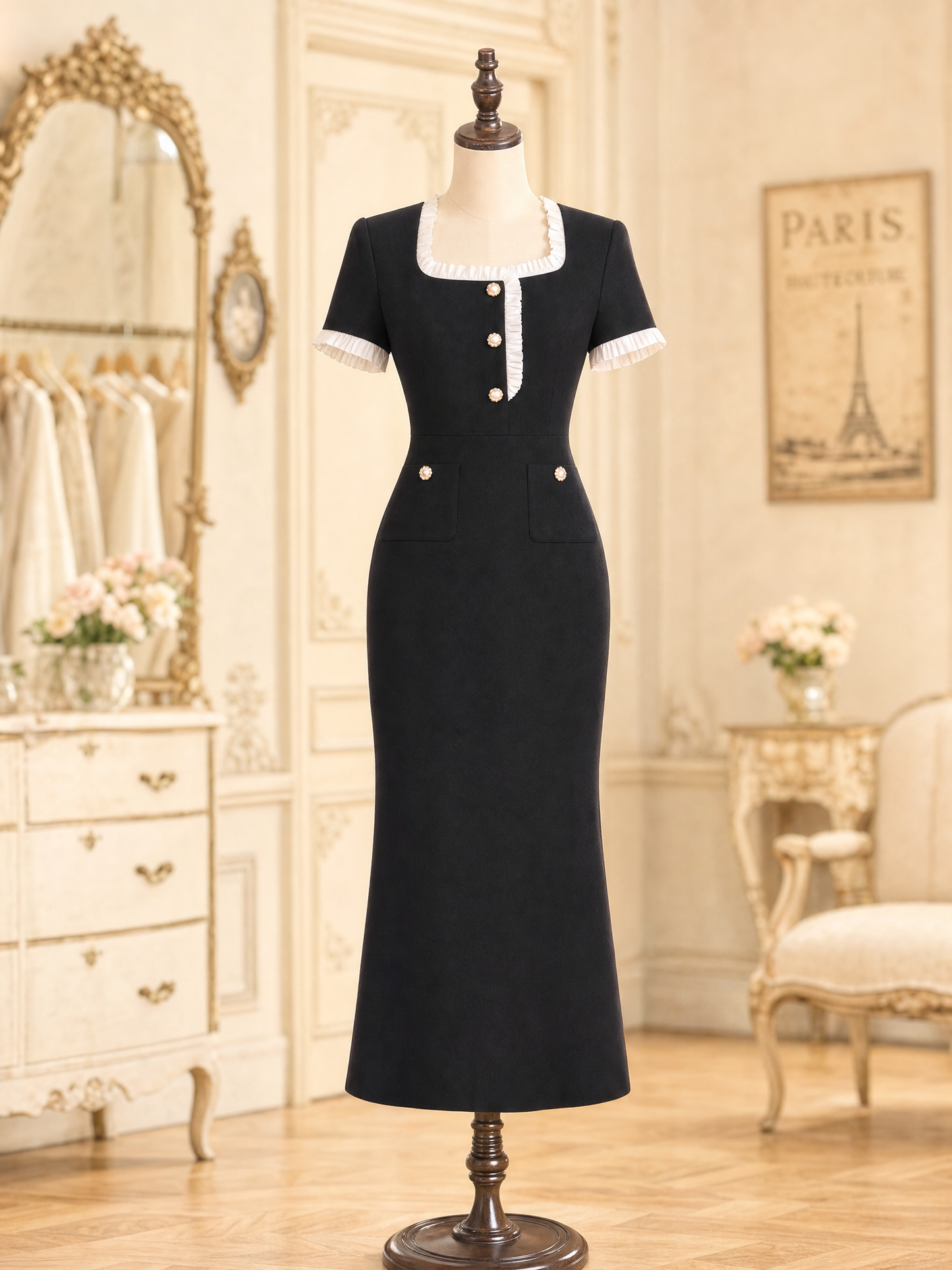 Vintage Elegant Square Neck Ruffle Trim Bodycon Midi Dress
