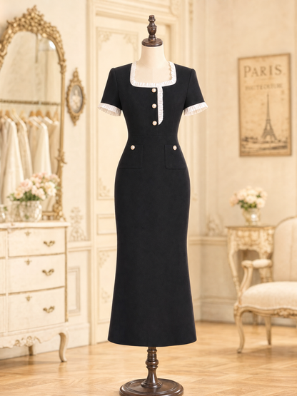Vintage Elegant Square Neck Ruffle Trim Bodycon Midi Dress