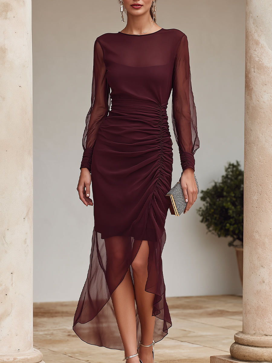 Ruched Sheer Long Sleeve Asymmetric Midi Dress