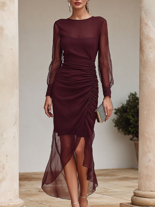 Ruched Sheer Long Sleeve Asymmetric Midi Dress
