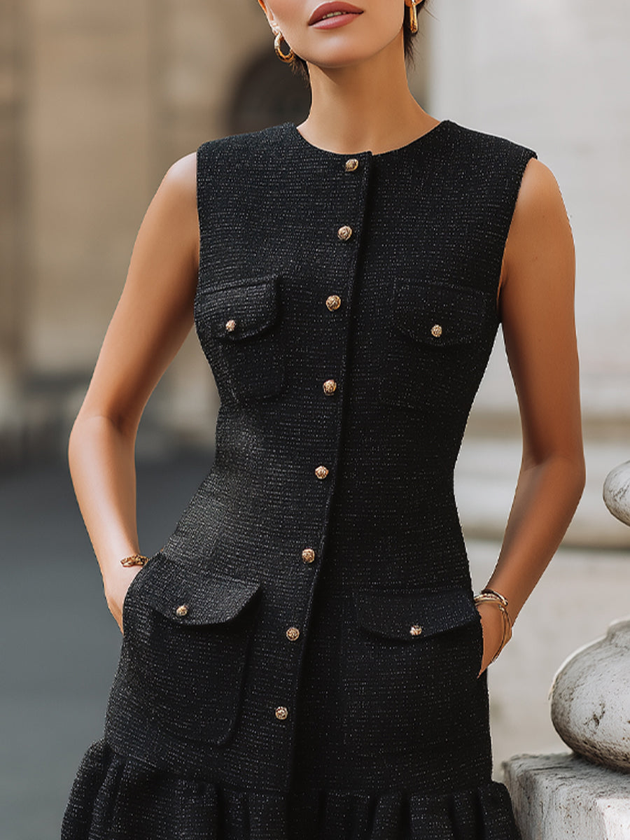 Elegant Tweed Button-Down Peplum Mini Dress