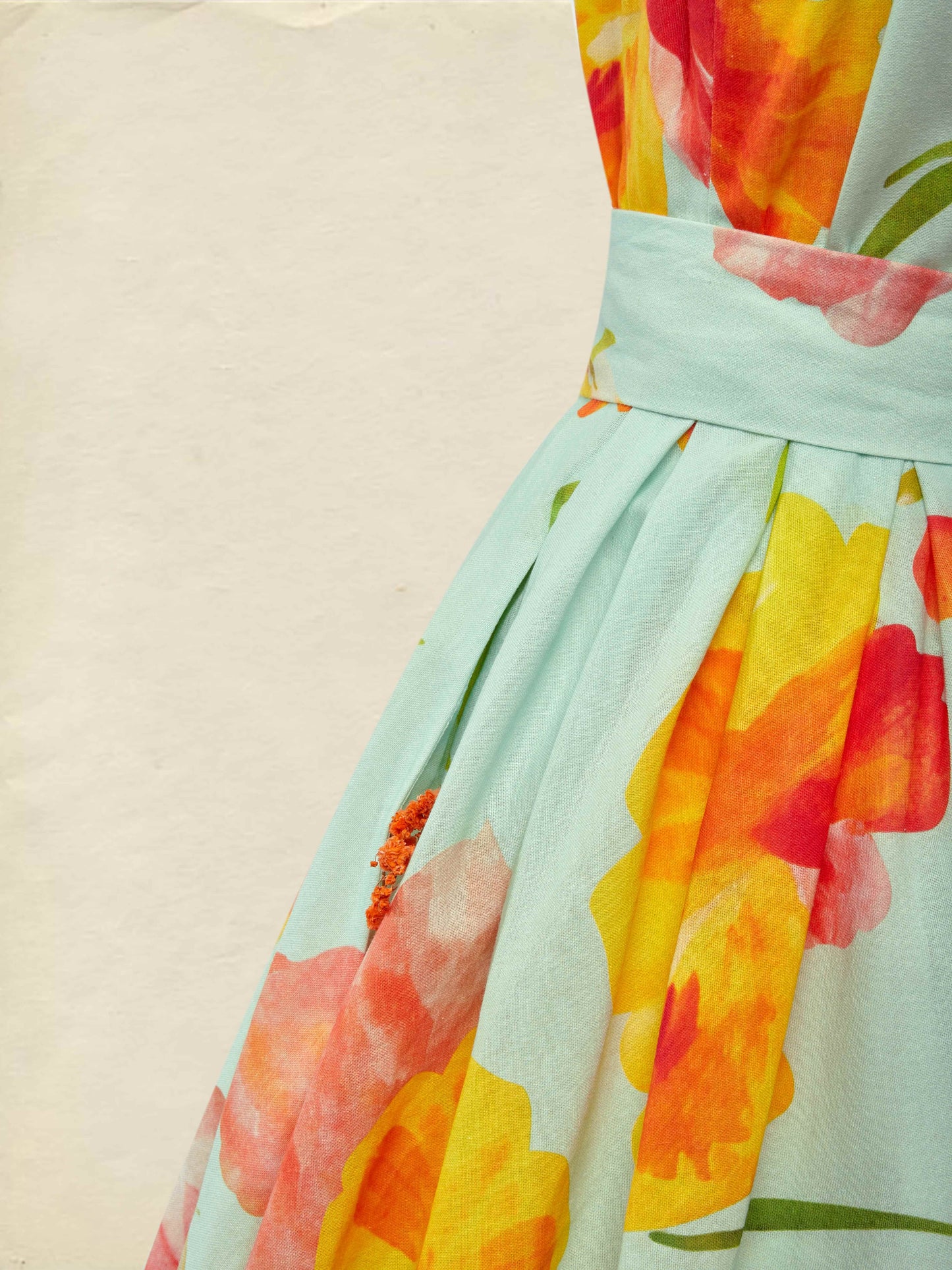 Midi Linen Dress , Short Sleeves, V Neck, Floral, Pocket Design, Vacation, Vintage, Green