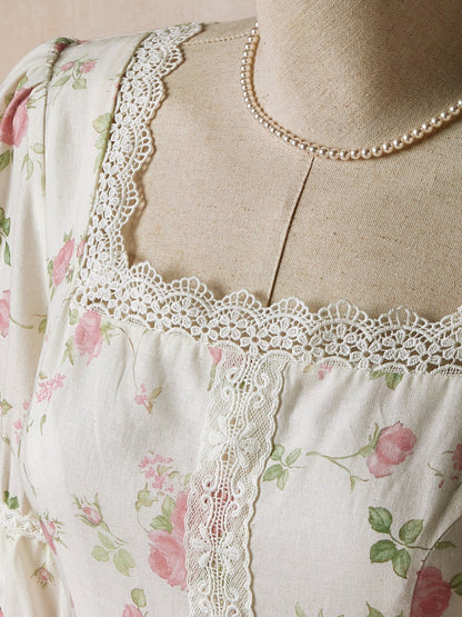Linen Maxi Dress, Half Sleeve , Lace Collar, Floral, Casual, Pink