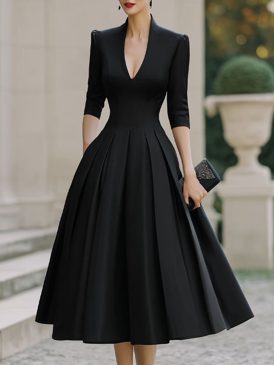 Deep V-Neck Pleated Midi Dress