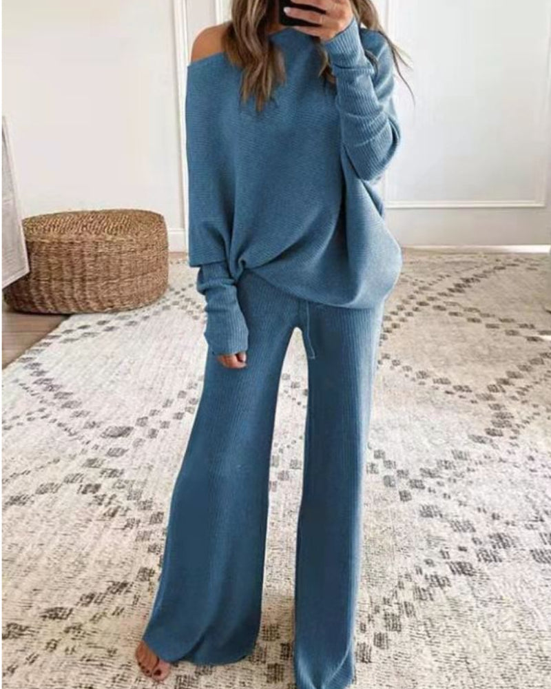 Plus Size  off-Shoulder Women's Knitted Blouse Pants Length Two-Piece Suit