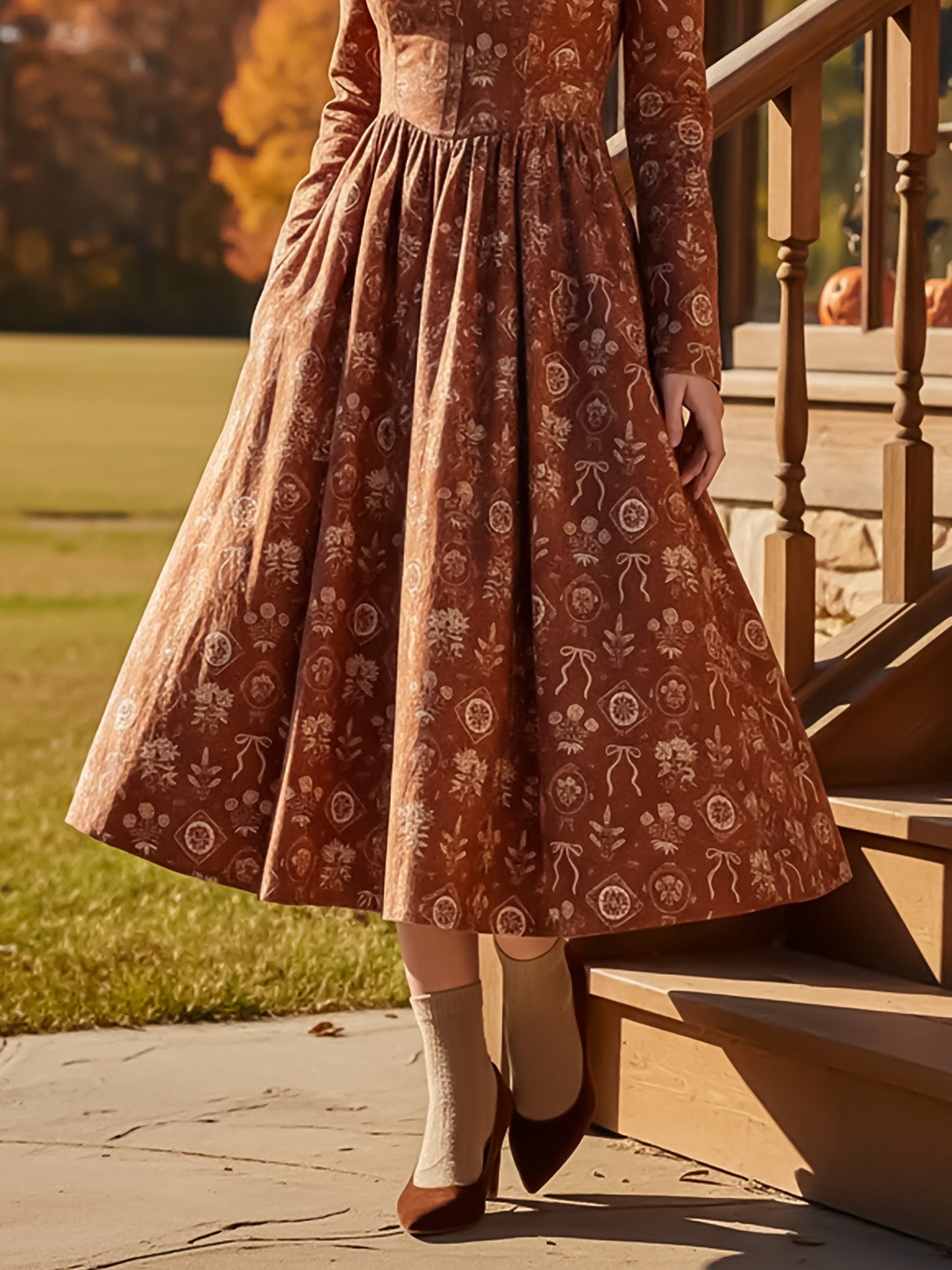 Midi Linen Dress, Long Sleeves, Sweetheart Neck, Floral, Vintage, Caramel
