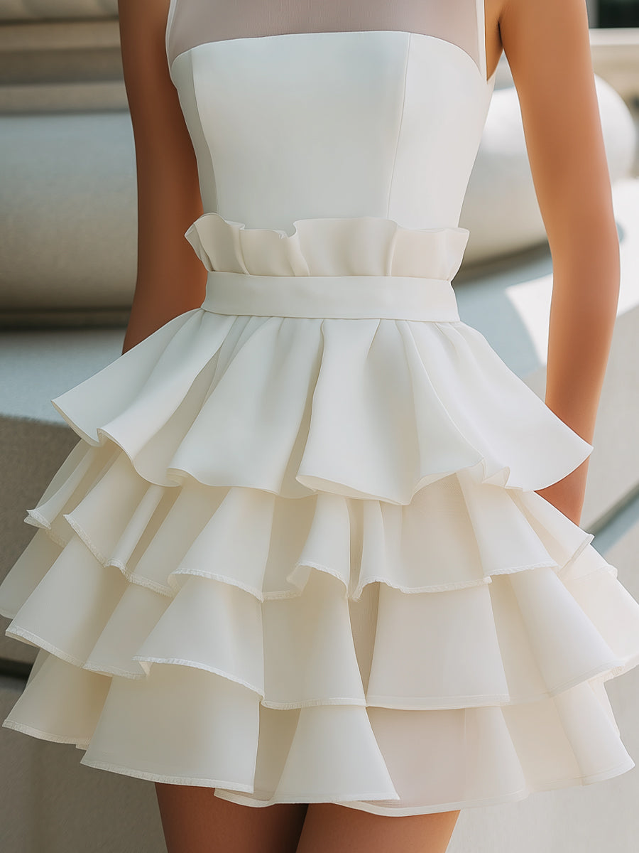 High-Neck Sheer Yoke Tiered Ruffle Mini Dress