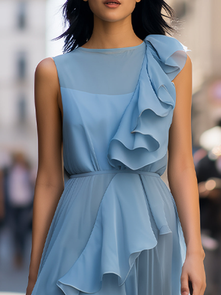 Elegant Dusty Blue Ruffled Asymmetrical Chiffon Maxi Dress
