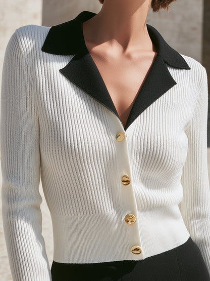 Contrast Collar Ribbed Knit Cardigan Top With Gold Buttons