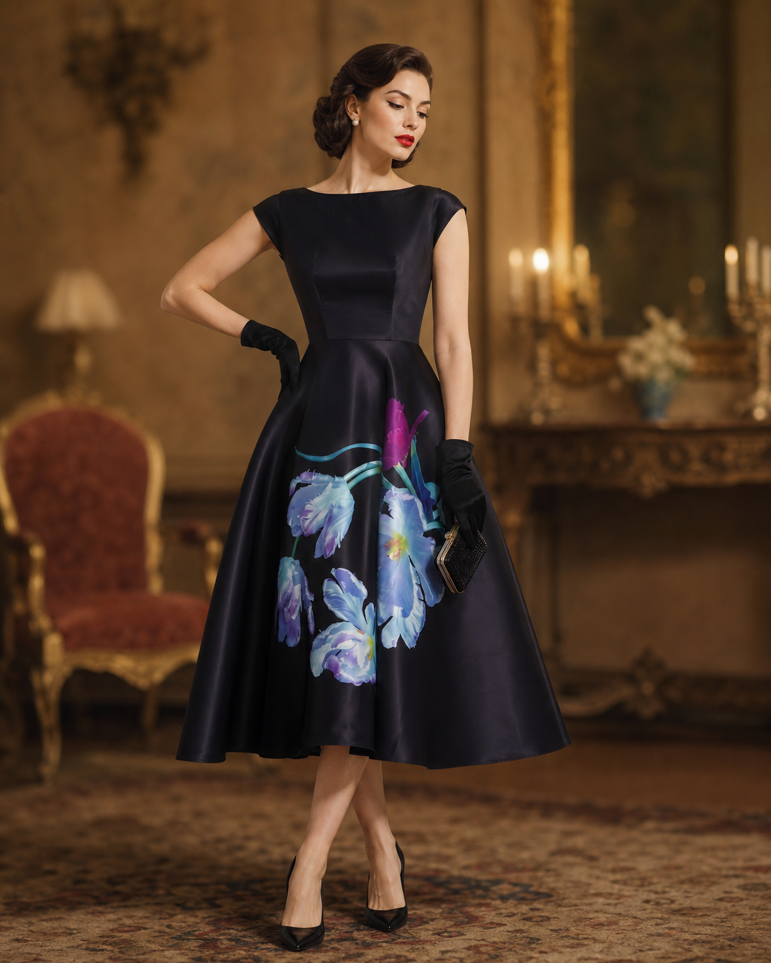 Elegant Watercolor Floral-Print Cocktail Midi Party Dress