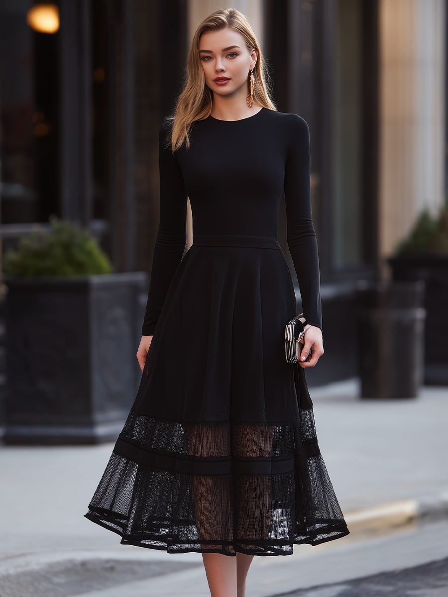 Long Sleeve Mesh Hem Midi Dress With Defined Waist