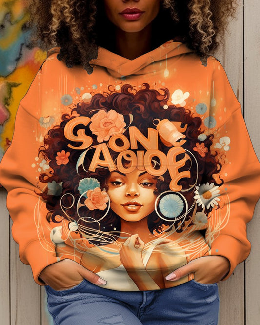 Women's Retro Orange Historical Afro Girls Long Sleeve Hoodie