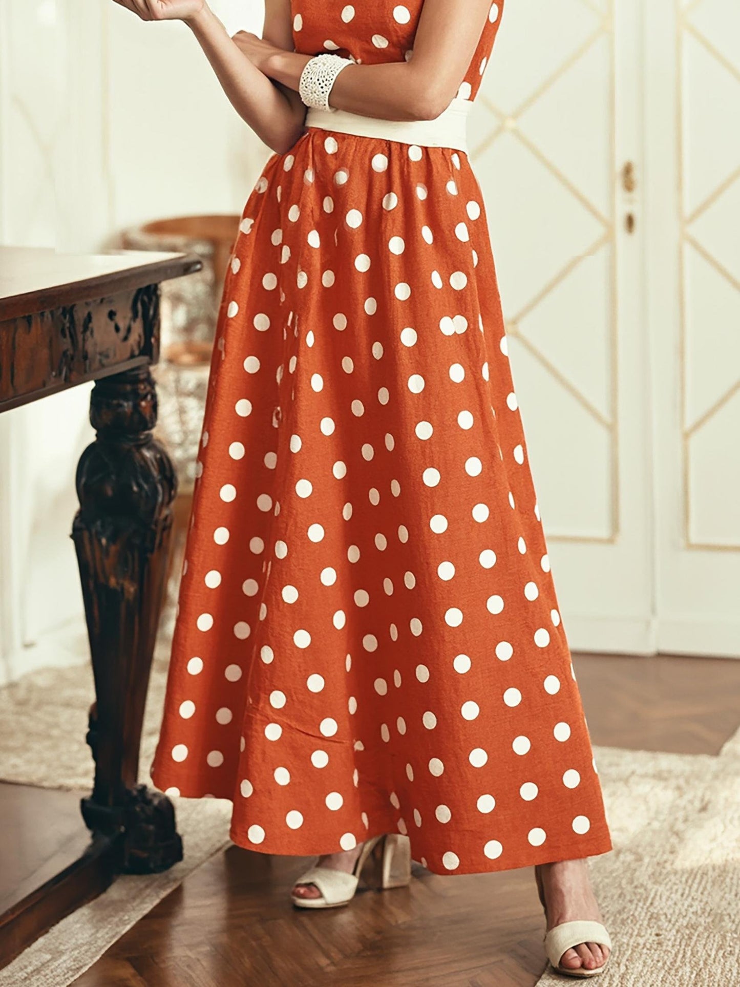 Maxi Cotton Dress , Sleeveless, Round Neck, Polka Dots, Belt Design, Vintage, Orange Red