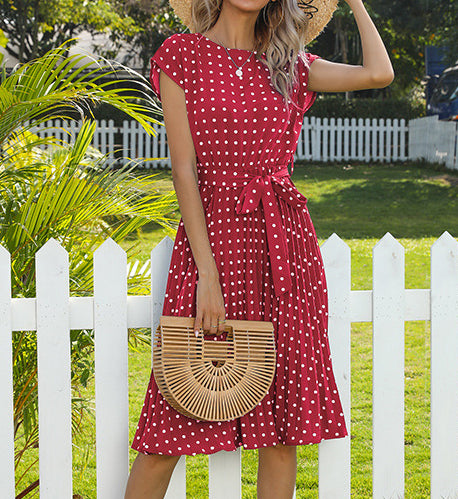 Mid-Length Dress Short Sleeve Lace-up Polka Dots Pleated Dress