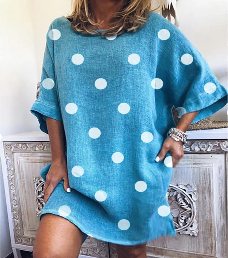 Plus Size New Polka Dot Print Fashion round Neck Loose Half Sleeve Dress