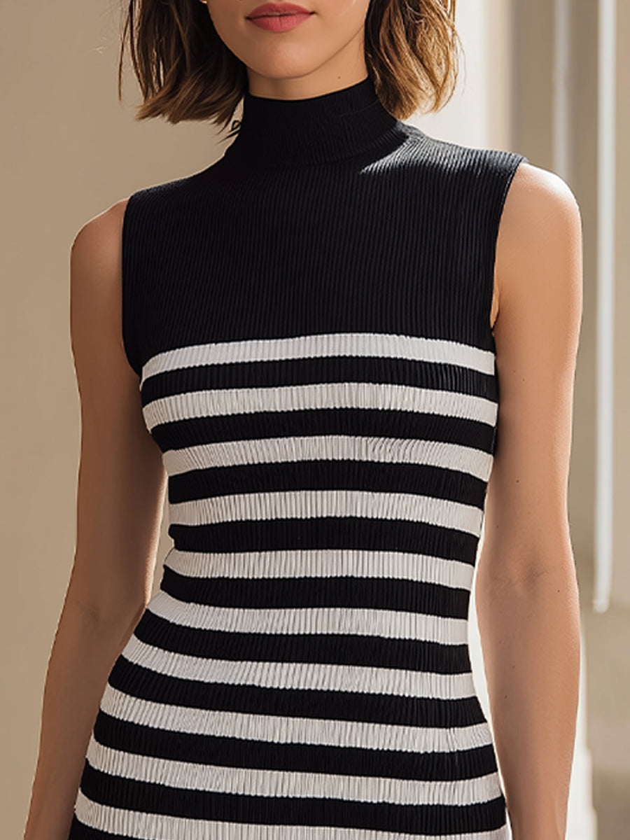 Chic Mock-Neck Sleeveless Striped Bodycon Knit Midi Dress
