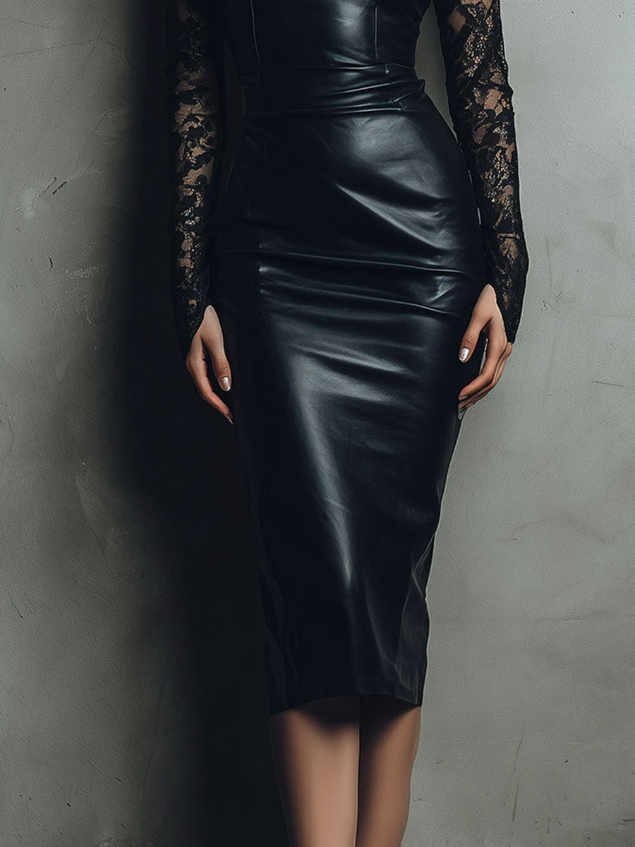 Chic Black Eco Leather & Lace Midi Dress