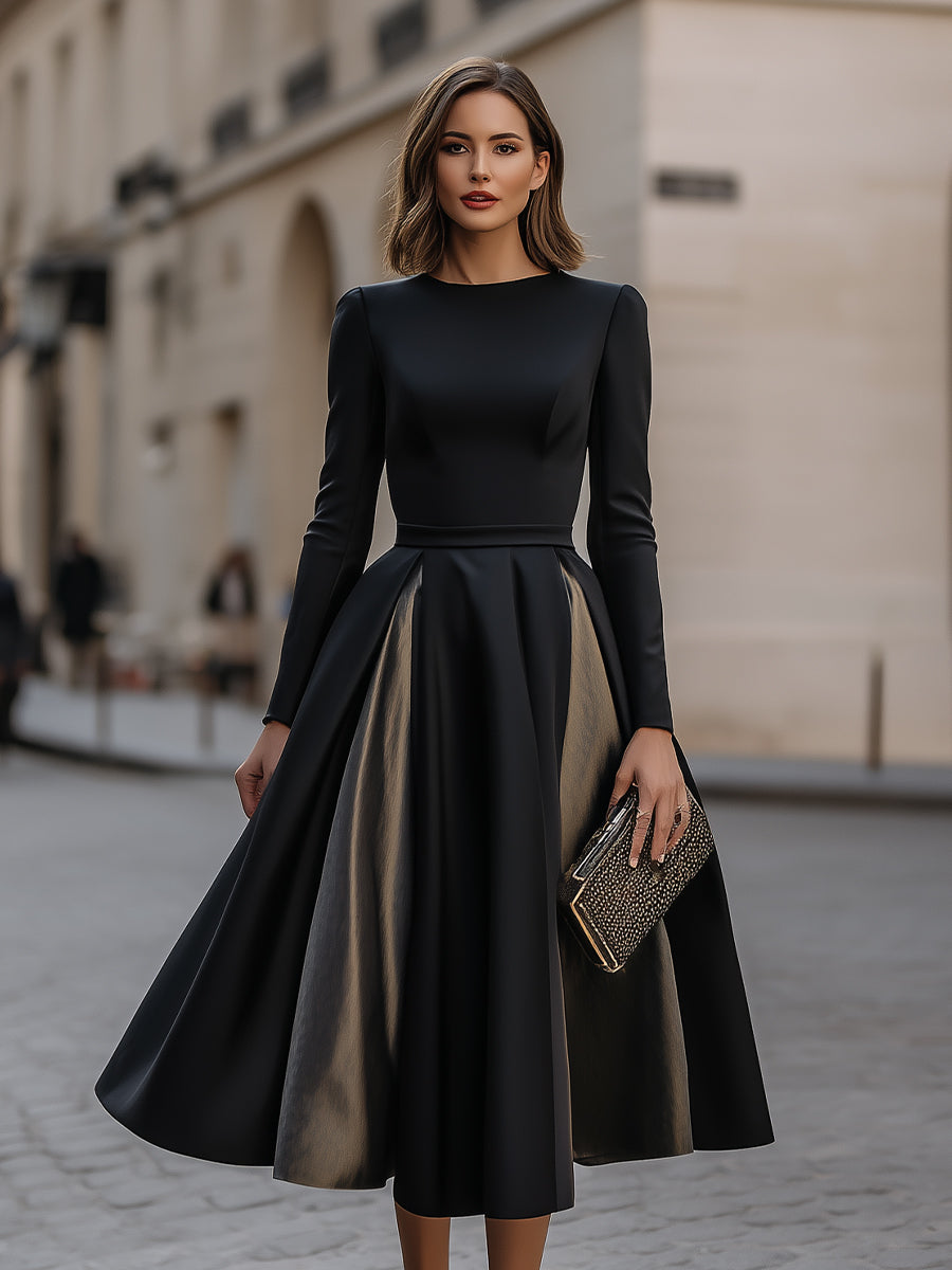 Structured Long Sleeve Pleated Midi Dress