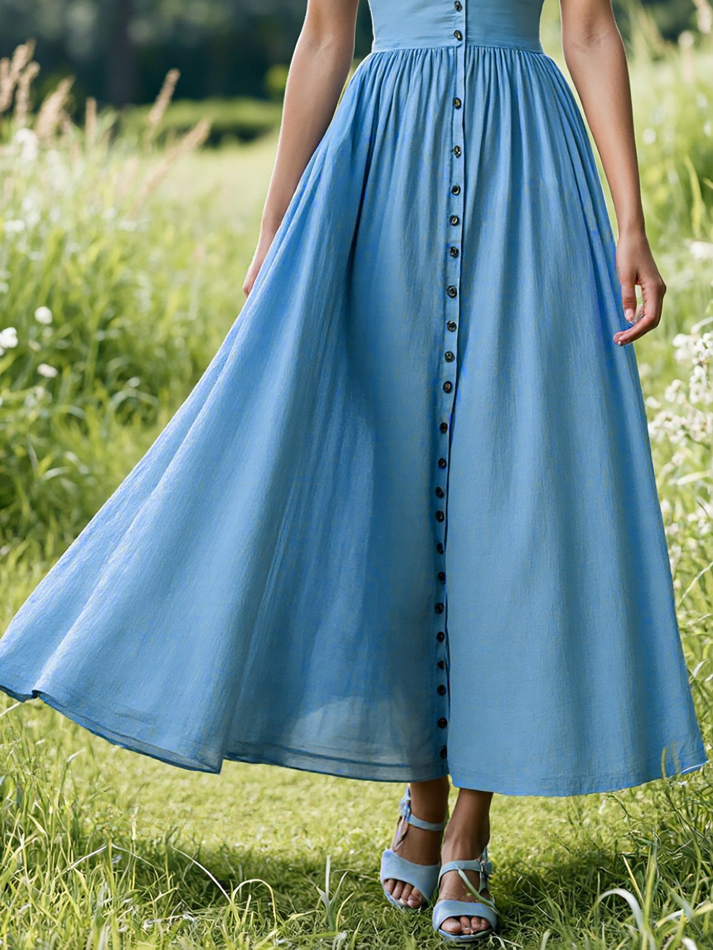 Maxi Linen Dress , Cap Sleeves, V Neck, Plain, Button Design, Vintage, Blue