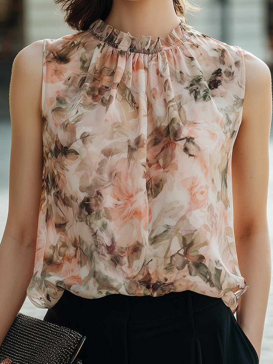 Ruffled High-Neck Floral Sleeveless Blouse