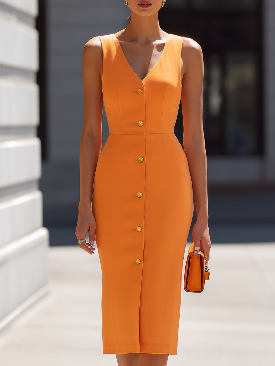 Sleeveless Button-Front Midi Sheath Dress