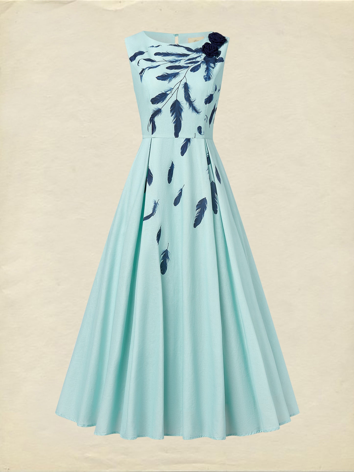 Maxi Linen Dress , Sleeveless, Round Neck, Feather Pattern, Pocket Design, Vintage, Sky Blue