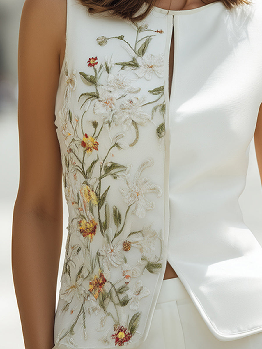 Elegant Asymmetric Embroidered Sleeveless Vest