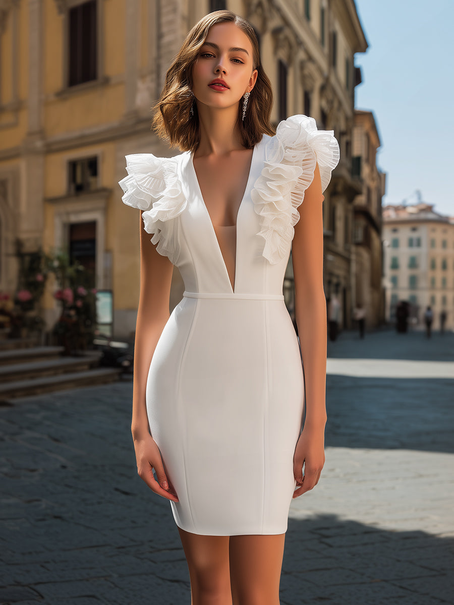 Ruffle V-Neck Bodycon Mini Dress