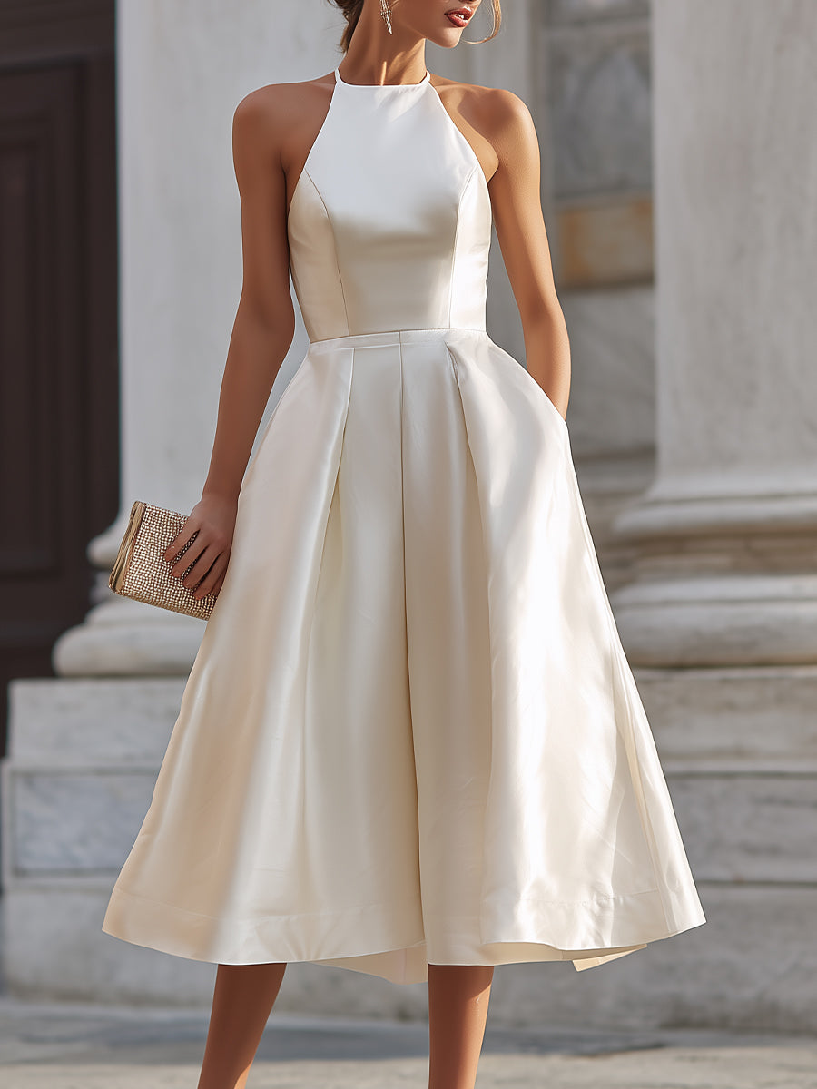 Halter-Neck Pleated Midi Dress