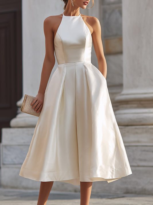 Halter-Neck Pleated Midi Dress