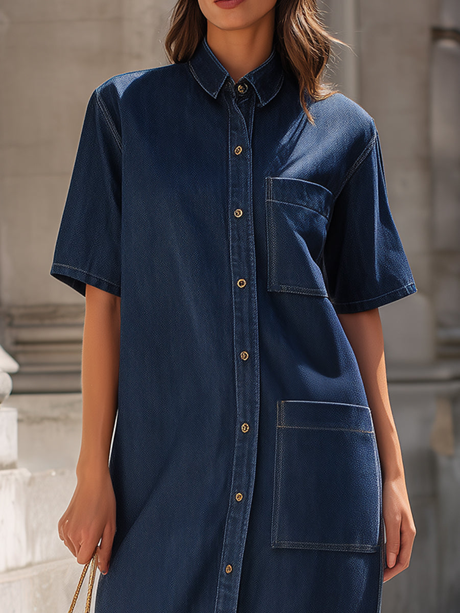 Utility Pocket Denim Shirt Midi Dress