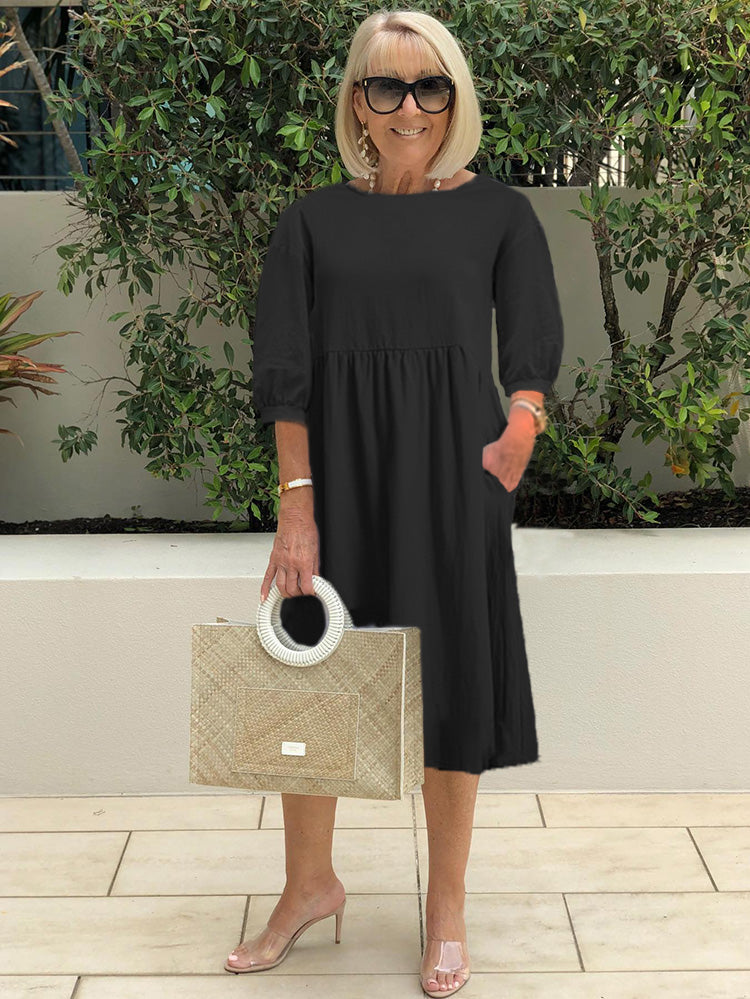 Solid Color Lantern Sleeve Cotton Pocket Midi Tunic Dress