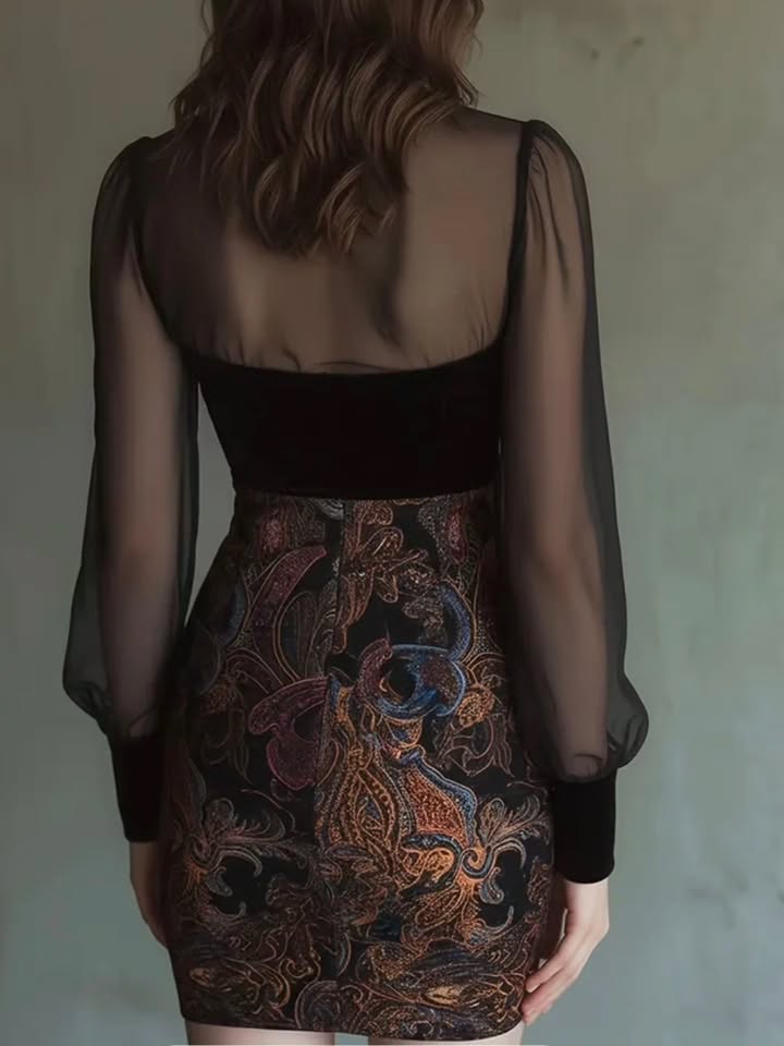 Elegant Black Embroidered Mesh Sleeve Dress