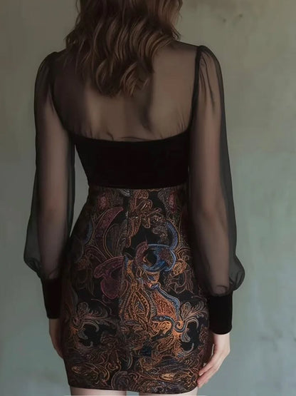 Elegant Black Embroidered Mesh Sleeve Dress