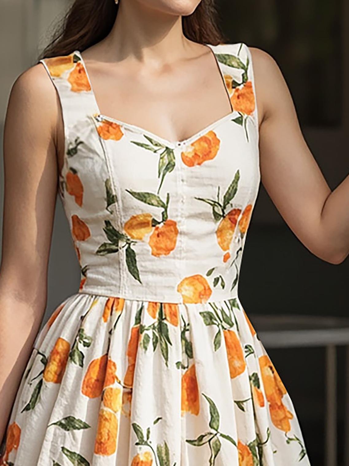 Maxi Linen Dress, Sleeveless, Sweetheart Neckline, Fruit Print, Vacation, French Vintage, Orange