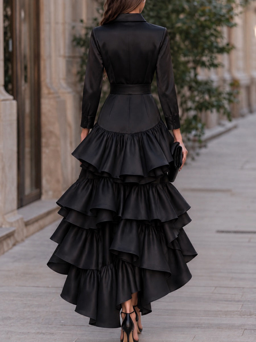 Button-Front Layered Ruffle Satin Maxi Dress