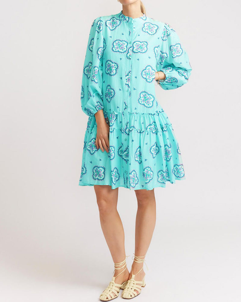 Cropped Sleeve Printed Loose Pleated Dress