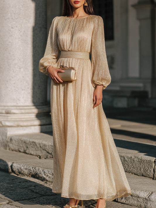 Elegant Long-Sleeve Pleated Waist Maxi Dress